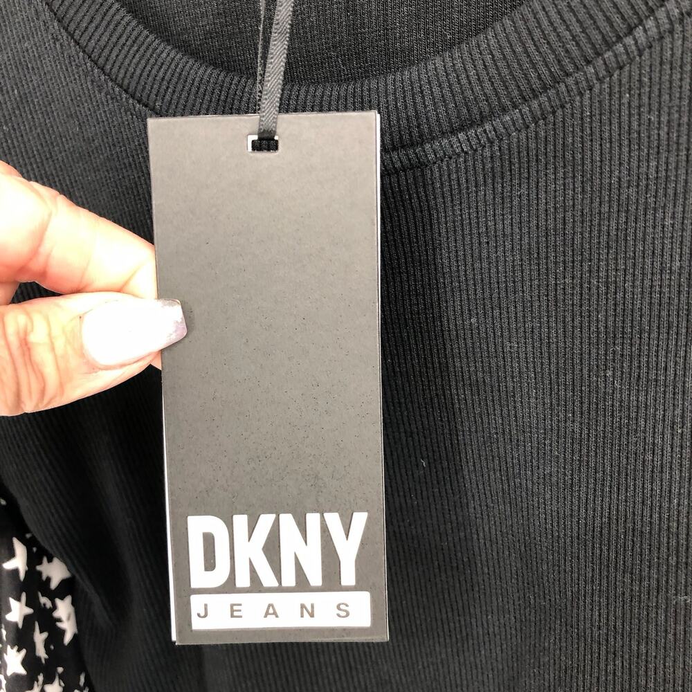 DKNY Womens Star Print Blouse Top XXS Black Ribbed Long Sleeve Career NWT - Picture 8 of 11